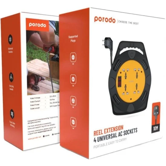 Porodo 4Ac Extension Cable Reel With Uk Plug (10M Wire) - Black